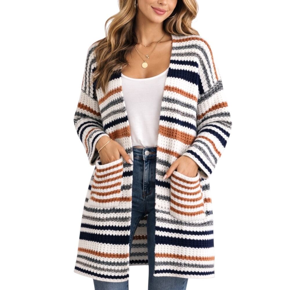 Romwe Women’s Medium Striped Knit Long Cardigan Open Front Pockets Blue Tan